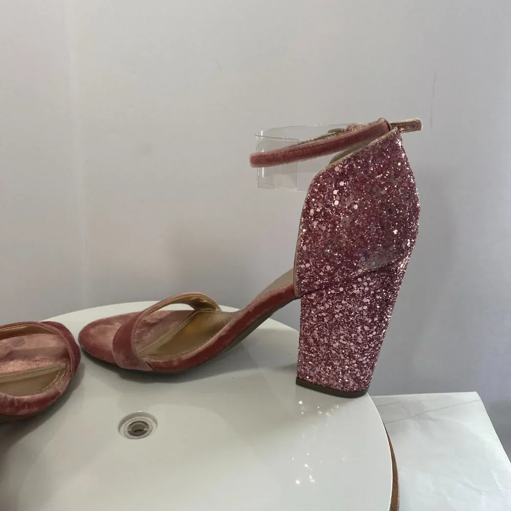 Guess Glitter Party Wrap BamBam Velvet Ankle Strap Block Heel Sandals 8.5 Pink‎